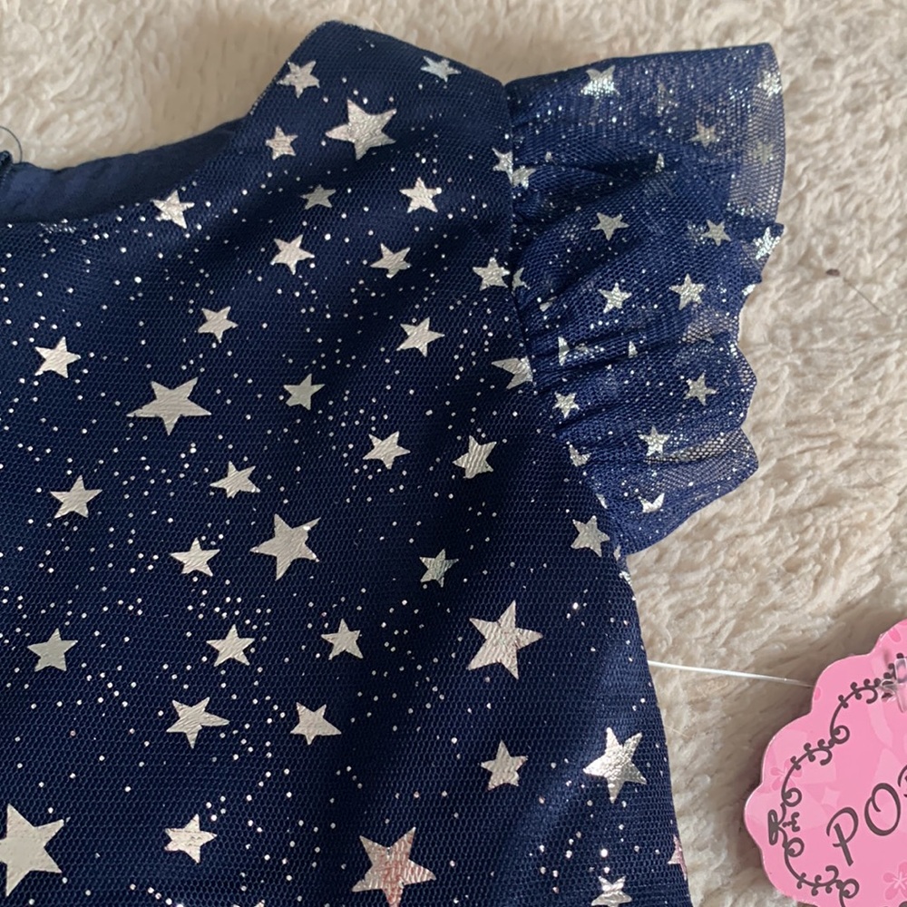 NWT Popatu Navy Blue Silver Stars Dress 12M Tulle Overlay - Picture 5 of 12